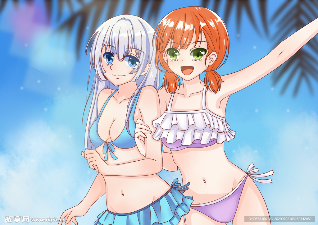 夏季少女清凉插画卡通背景素材