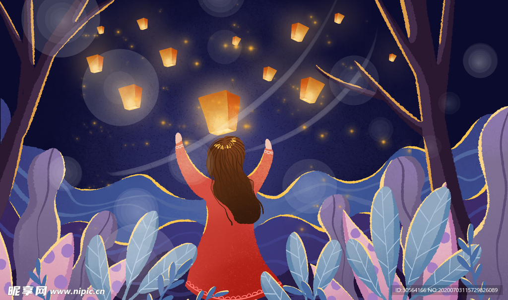 孔明灯少女传统插画卡通海报素材
