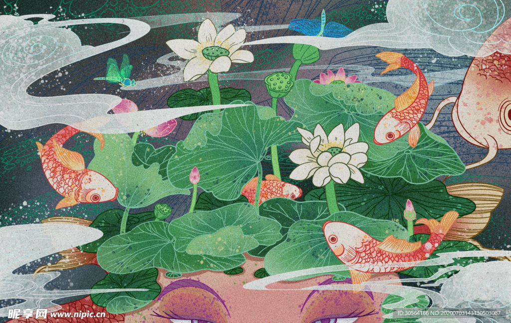 锦鲤少女水彩国风插画卡通背景