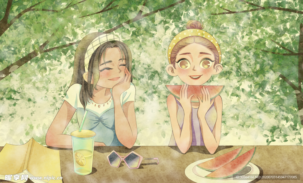 夏季西瓜少女清新插画卡通海报