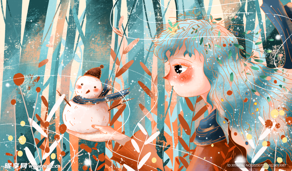 森林雪人清新少女插画卡通背景
