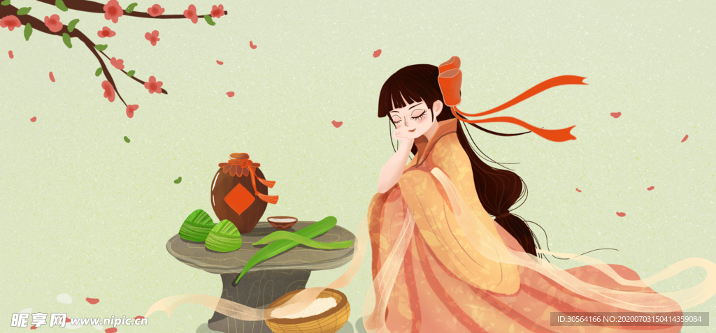 端午少女清新传统插画卡通背景