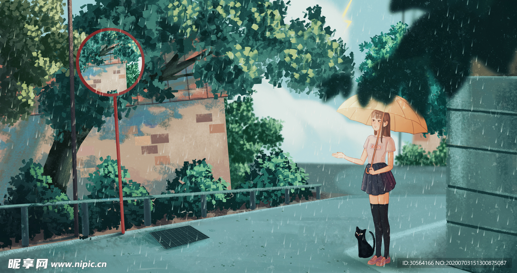 夏季街道清新少女插画卡通背景