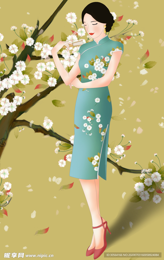 旗袍女性人物插画卡通背景素材