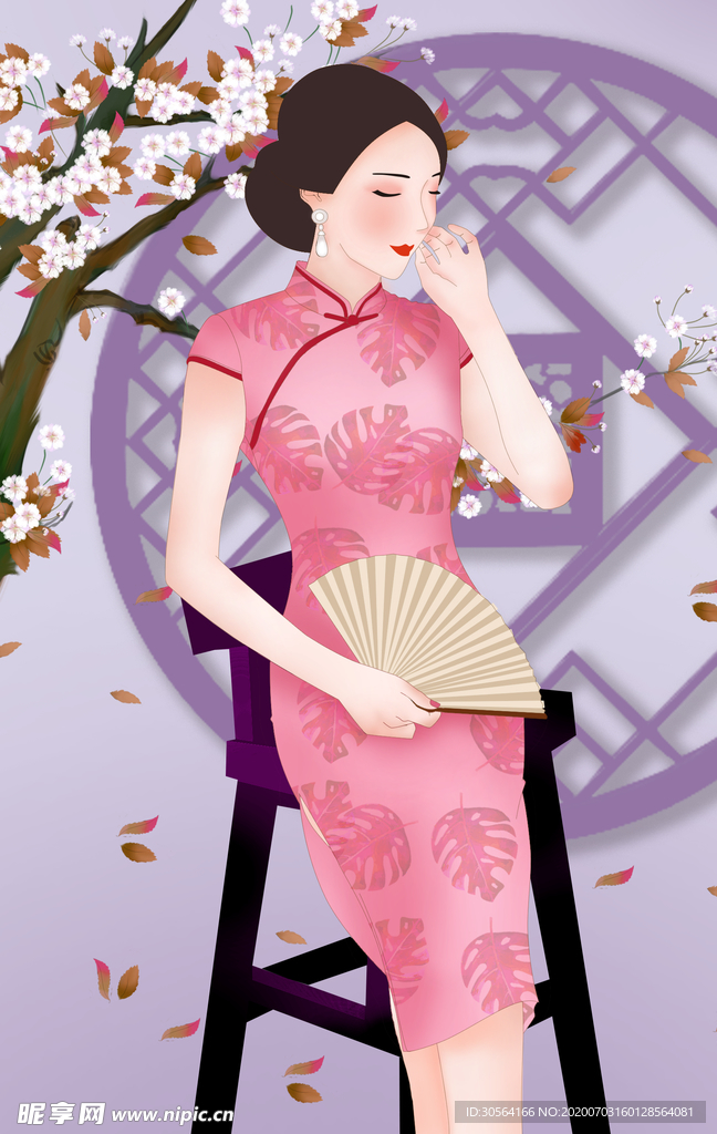 旗袍女性人物插画卡通背景素材