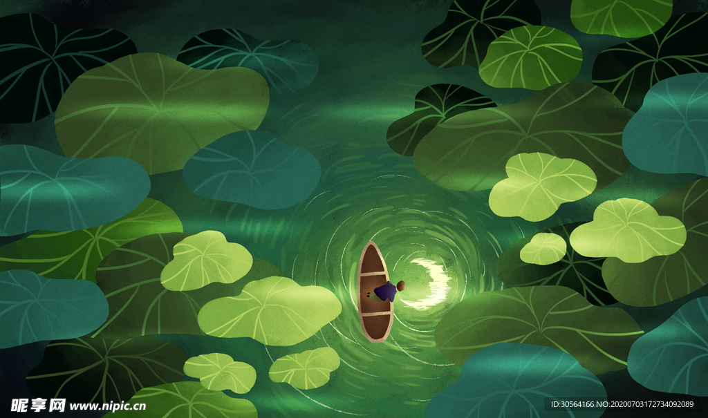 夏季荷叶少女清新插画卡通背景