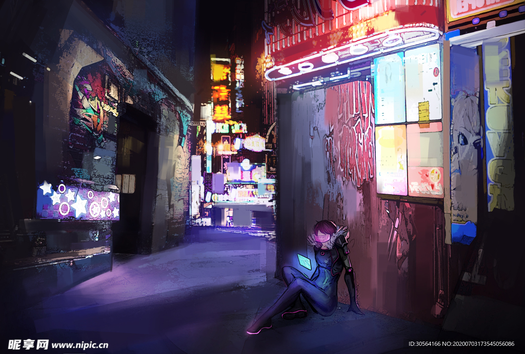 游戏未来小巷人物插画卡通背景