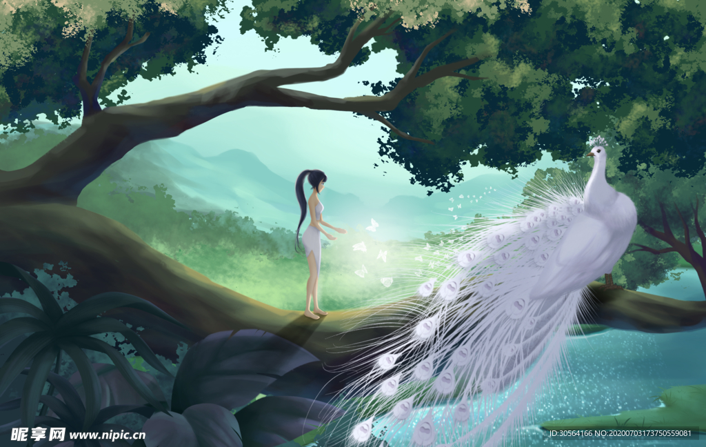 森林孔雀少女清新插画卡通背景