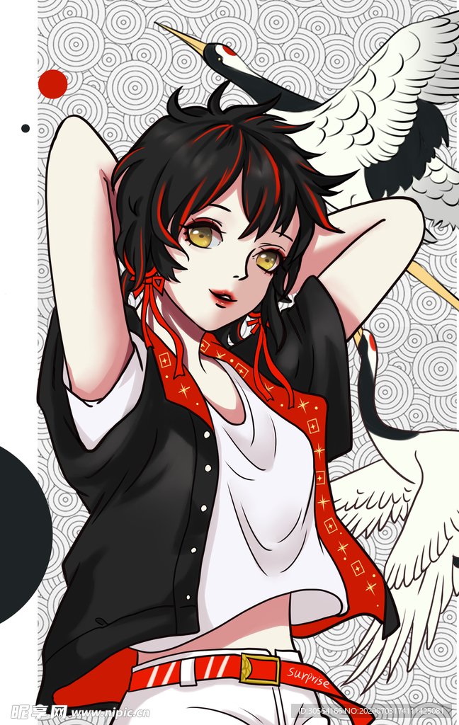 少女二次元仙鹤插画卡通背景素材