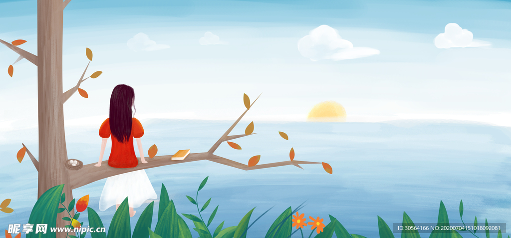 湖面人物枝头清新插画卡通背景