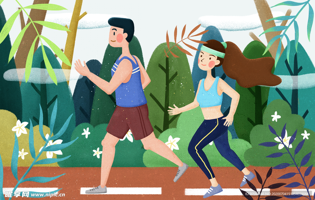 运动跑步人物清新插画卡通背景