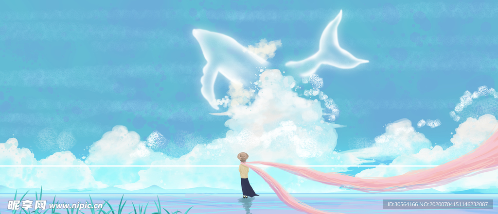 海边鲸鱼人物清新插画卡通背景