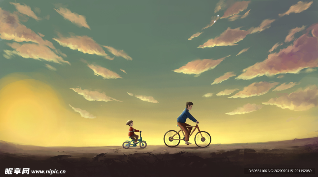 黄昏父女骑行清新插画卡通背景