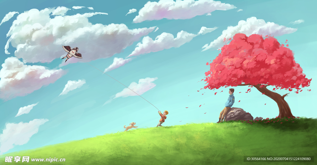 山谷清新天空传统国风插画背景