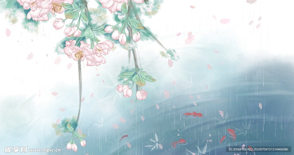 夏季湖面金鱼传统国风插画背景