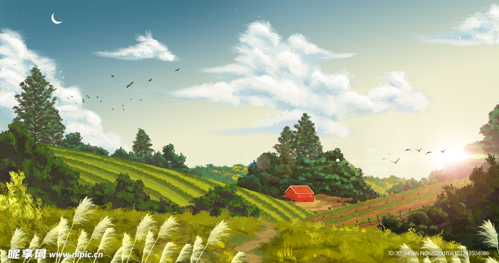 郊外清新风景国风插画背景