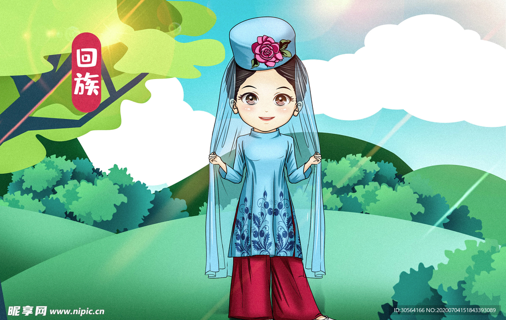 回族名族人物国风插画背景
