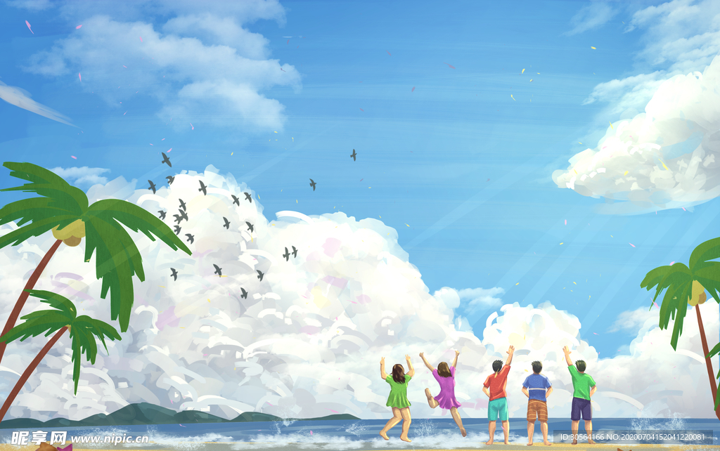 夏季海边清新人物插画卡通背景
