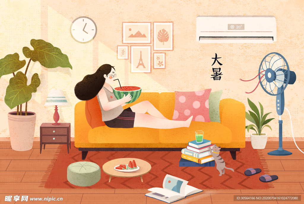 大暑清新人物夏季插画卡通背景