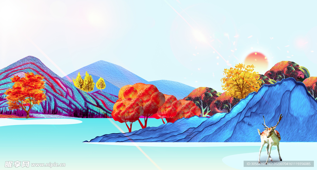 山水色彩地产插画卡通背景