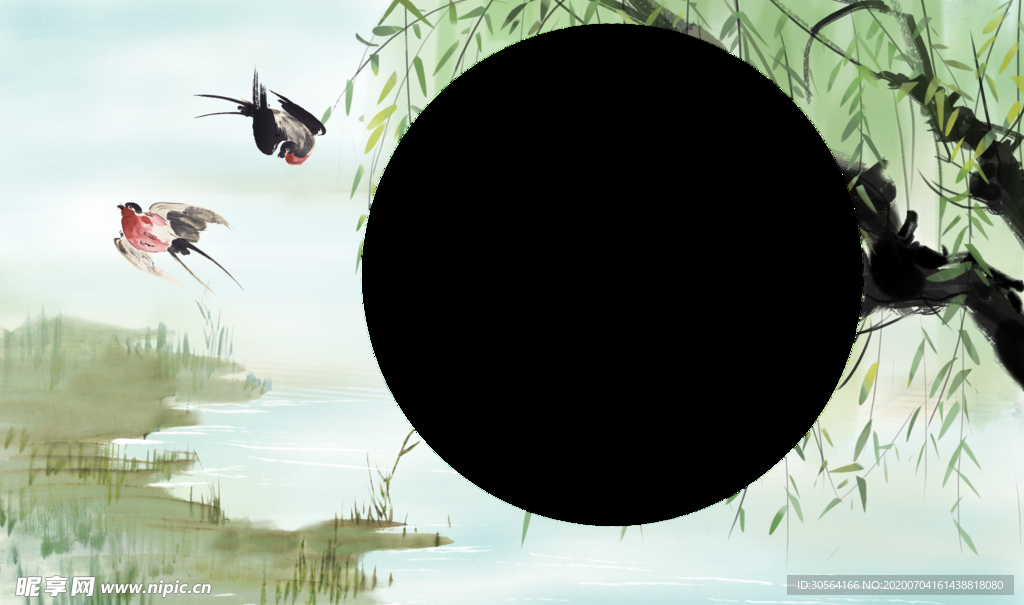 春季燕子柳树清新插画卡通背景