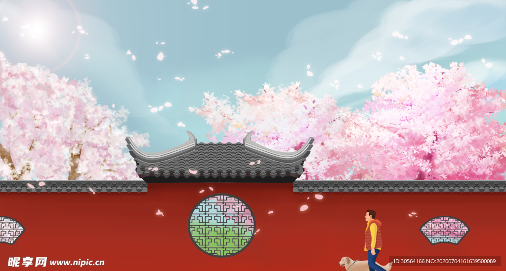 城墙樱花传统国风插画卡通背景