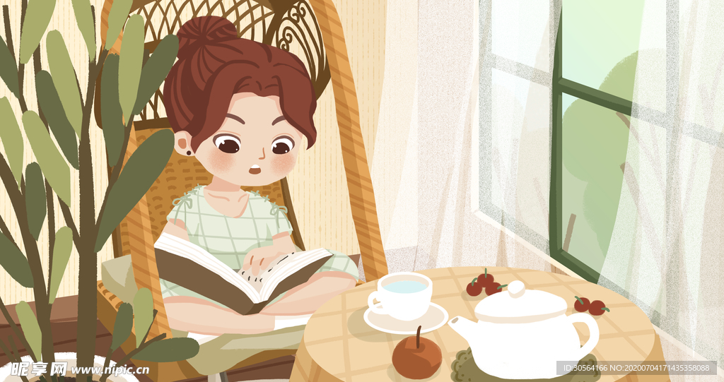 午后休闲人物传统插画背景