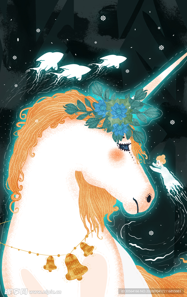 独角兽梦幻人物少女国风插画背景