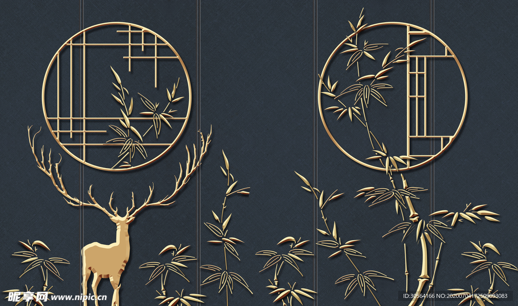 金色窗花小鹿国风传统插画背景