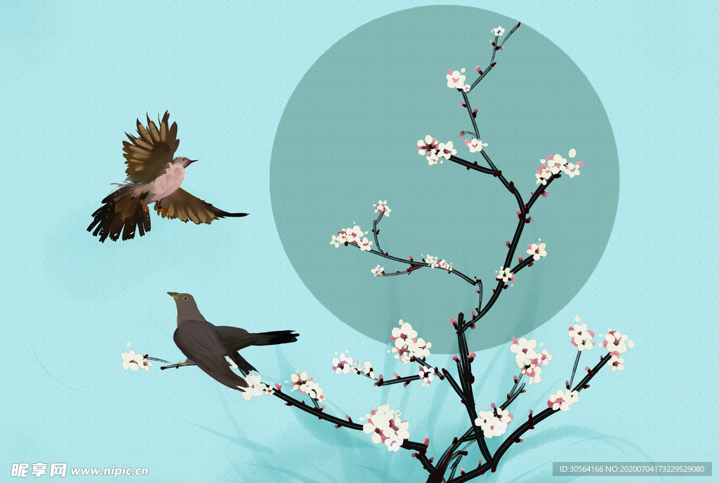 桃花清新小鸟国风传统插画背景