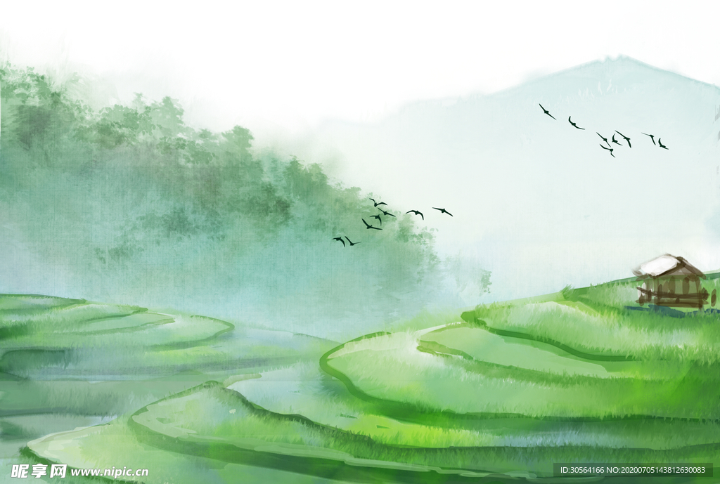 梯田农忙清新国风插画背景素材