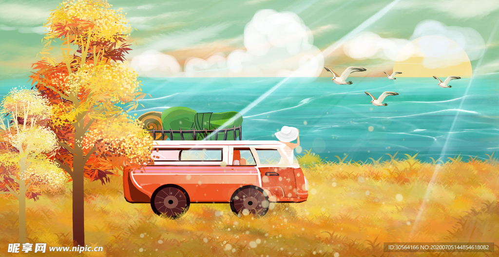 夏季旅游出行清新插画背景素材