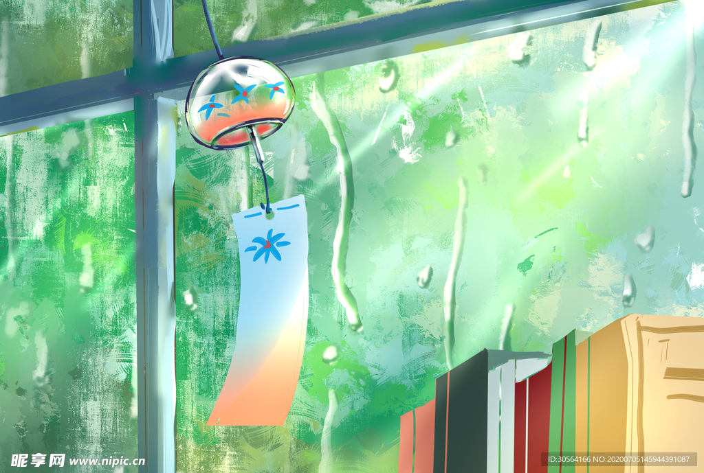 风铃夏季清新窗台插画背景素材