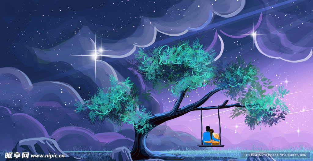 天空森林孤独人物插画背景素材