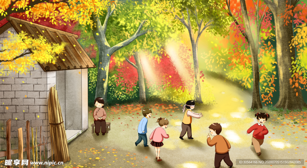 夏日玩耍儿童插画卡通背景素材