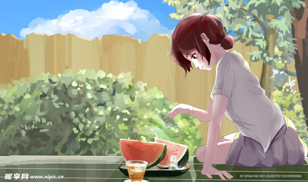 夏季吃西瓜女性人物插画卡通背景
