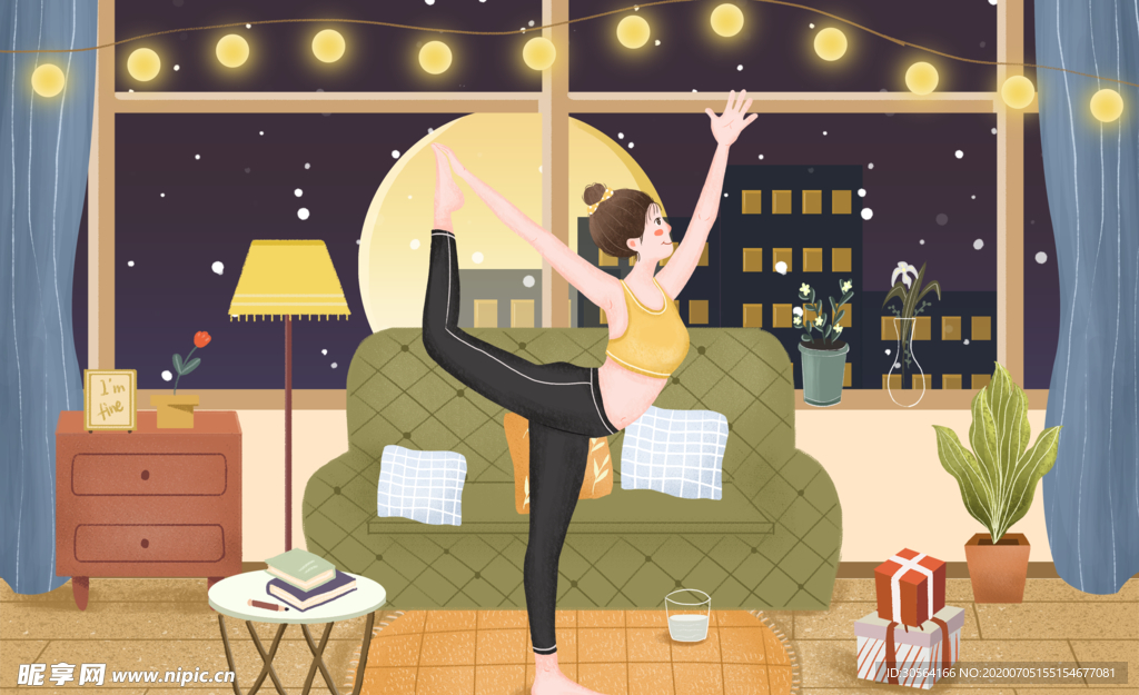 瑜伽人物女性清新插画卡通背景