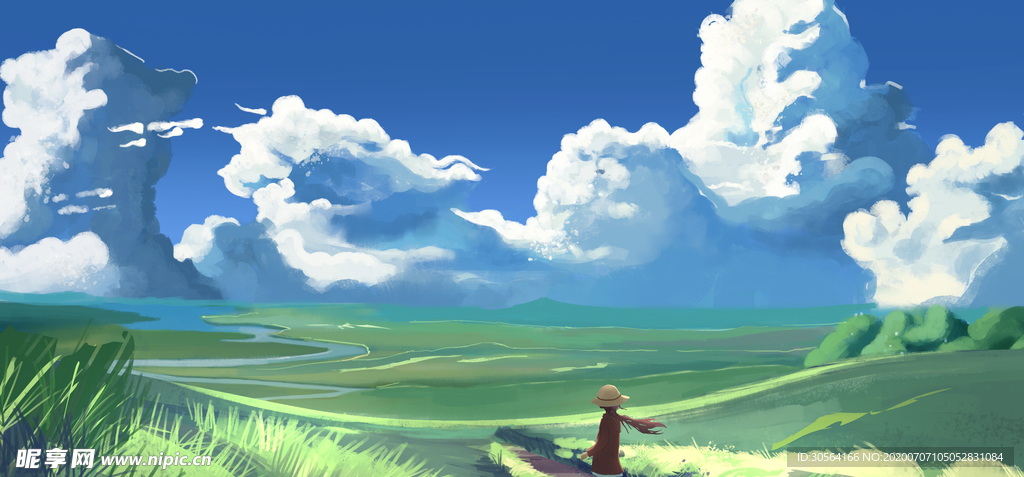 天空蓝色人物插画卡通背景