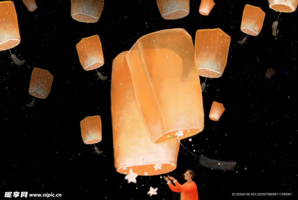 灯笼孔明灯人物放飞夜晚插画素材