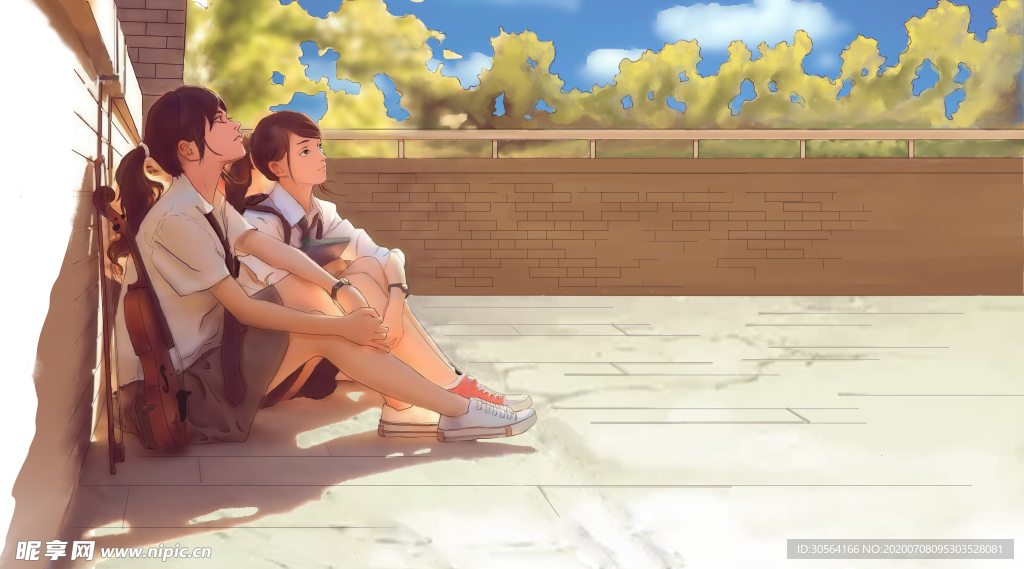 校园阳台女性人物清新插画素材