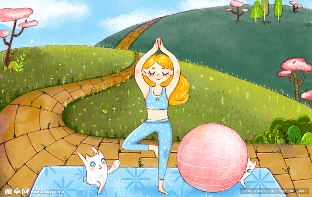 户外瑜伽人物女性清新插画素材