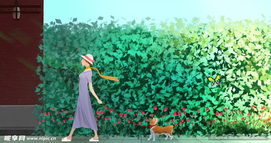 户外遛狗夏季清新插画素材