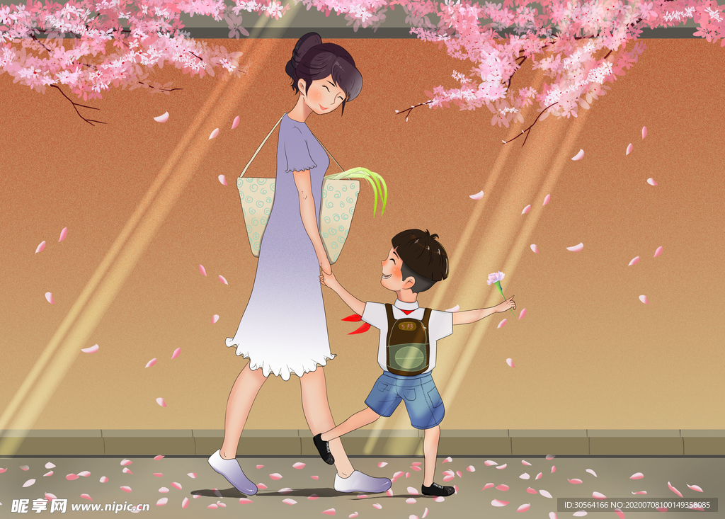 母亲节樱花人物清新插画素材