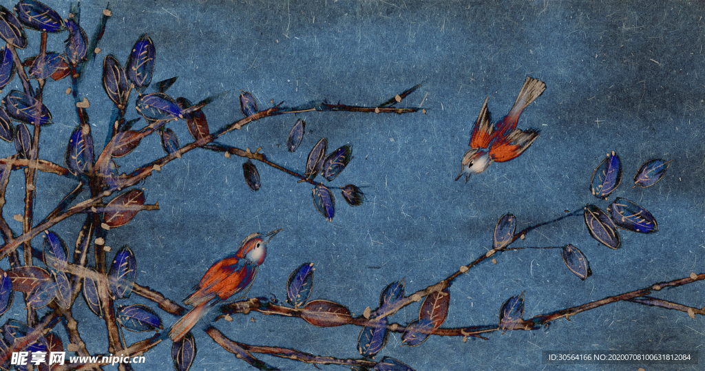 小鸟枝头传统墙画插画素材