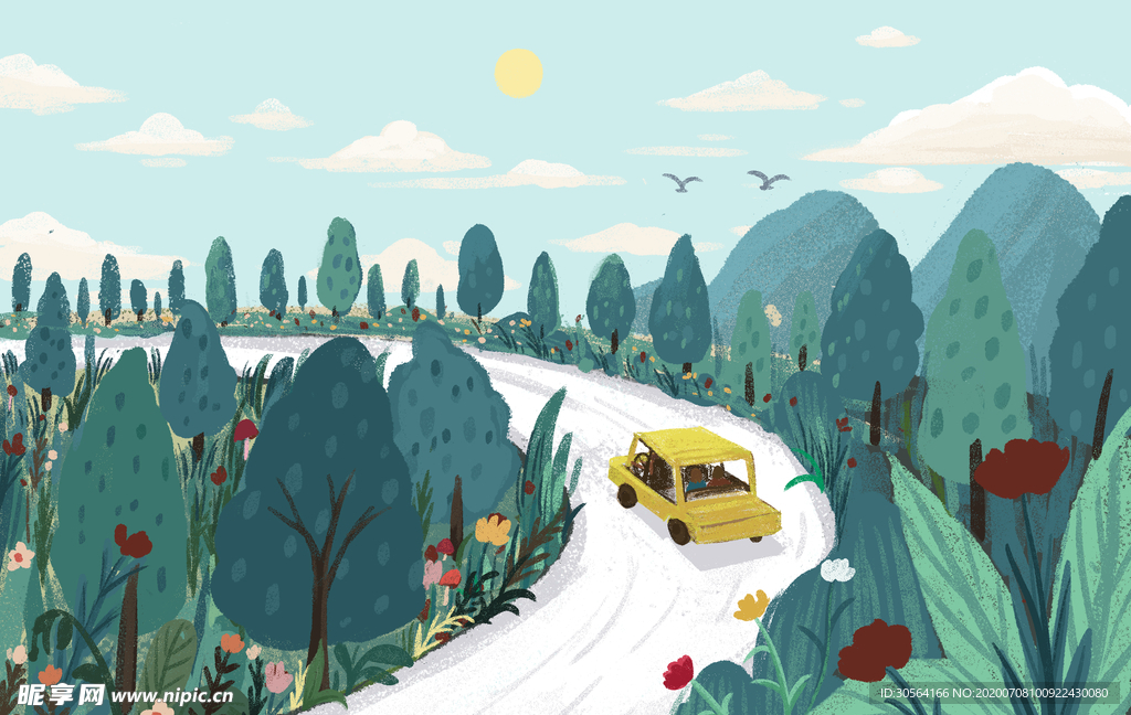 户外旅行小车郊外清新插画素材