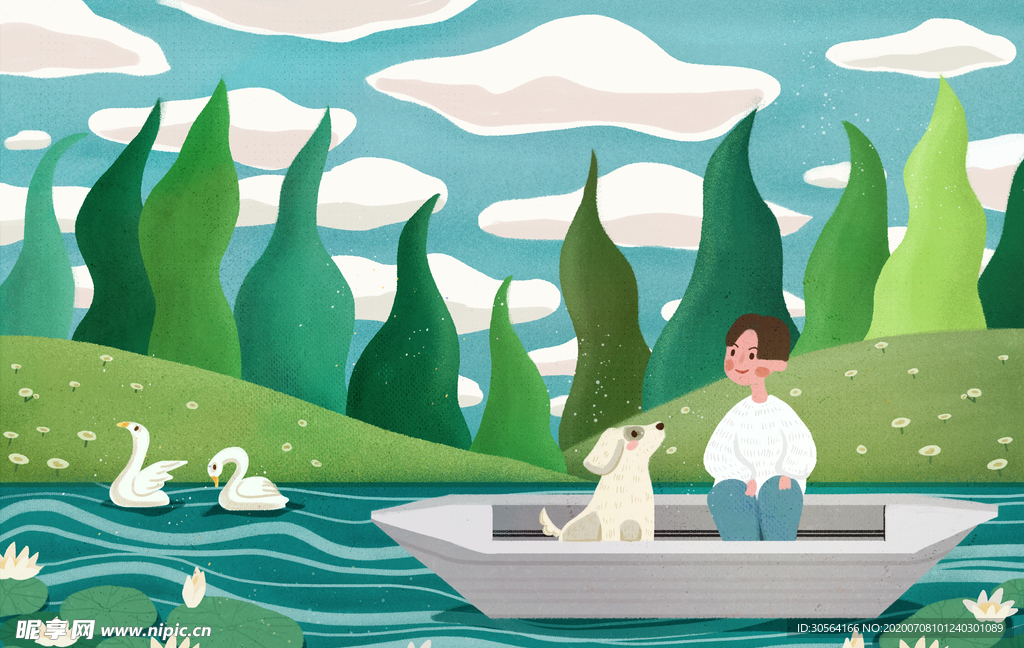 户外旅行小船人物清新插画素材