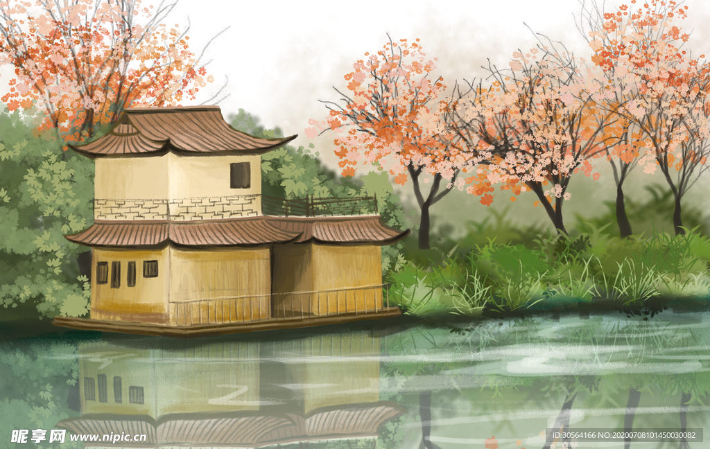 凉亭湖面夏季清新插画素材