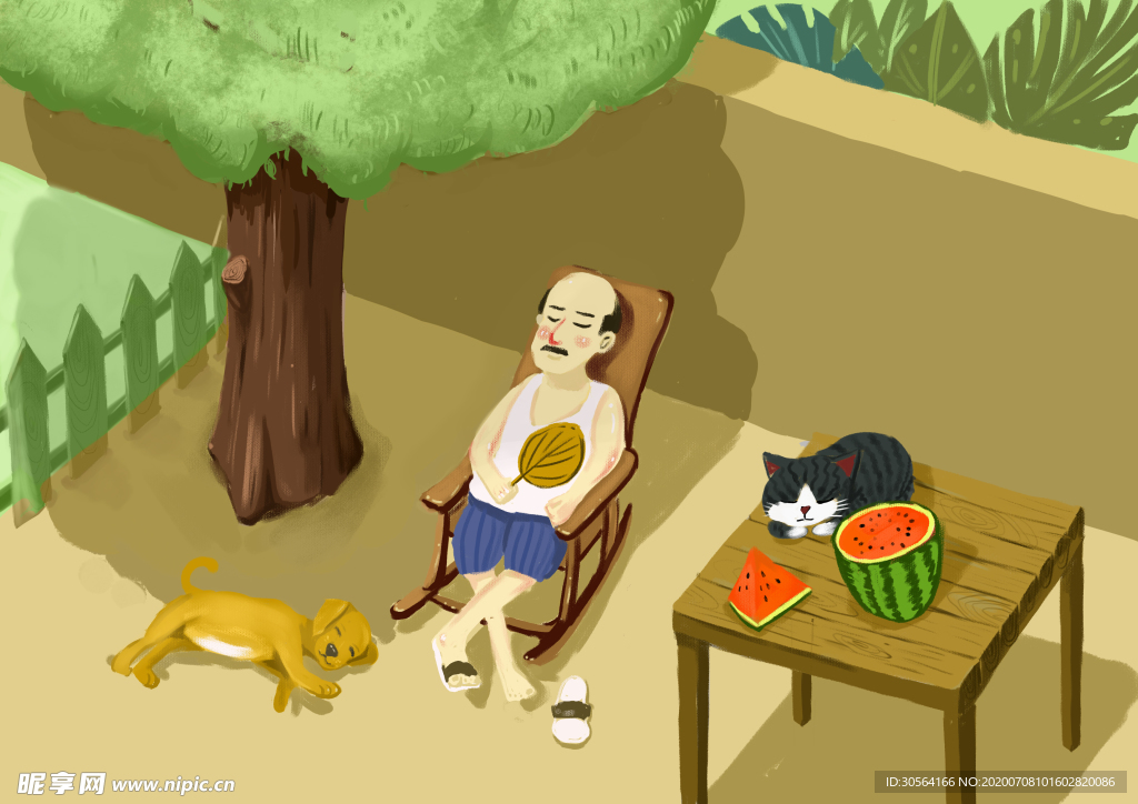 夏季休息乘凉睡午觉插画素材