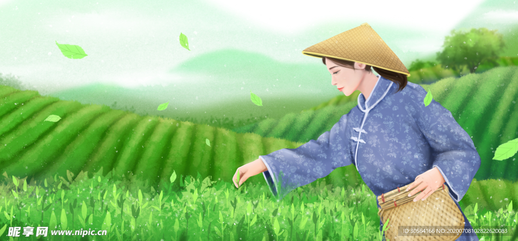 茶菜女性人物清新插画背景