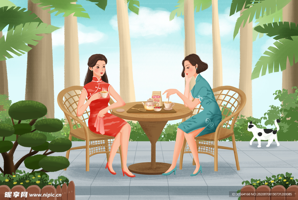 民国复古旗袍女性人物插画素材